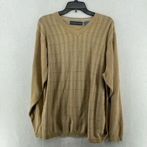 Oscar De La Renta Sweater Men's Sz XL Brown Striped V-Neck Knitted Pullover
